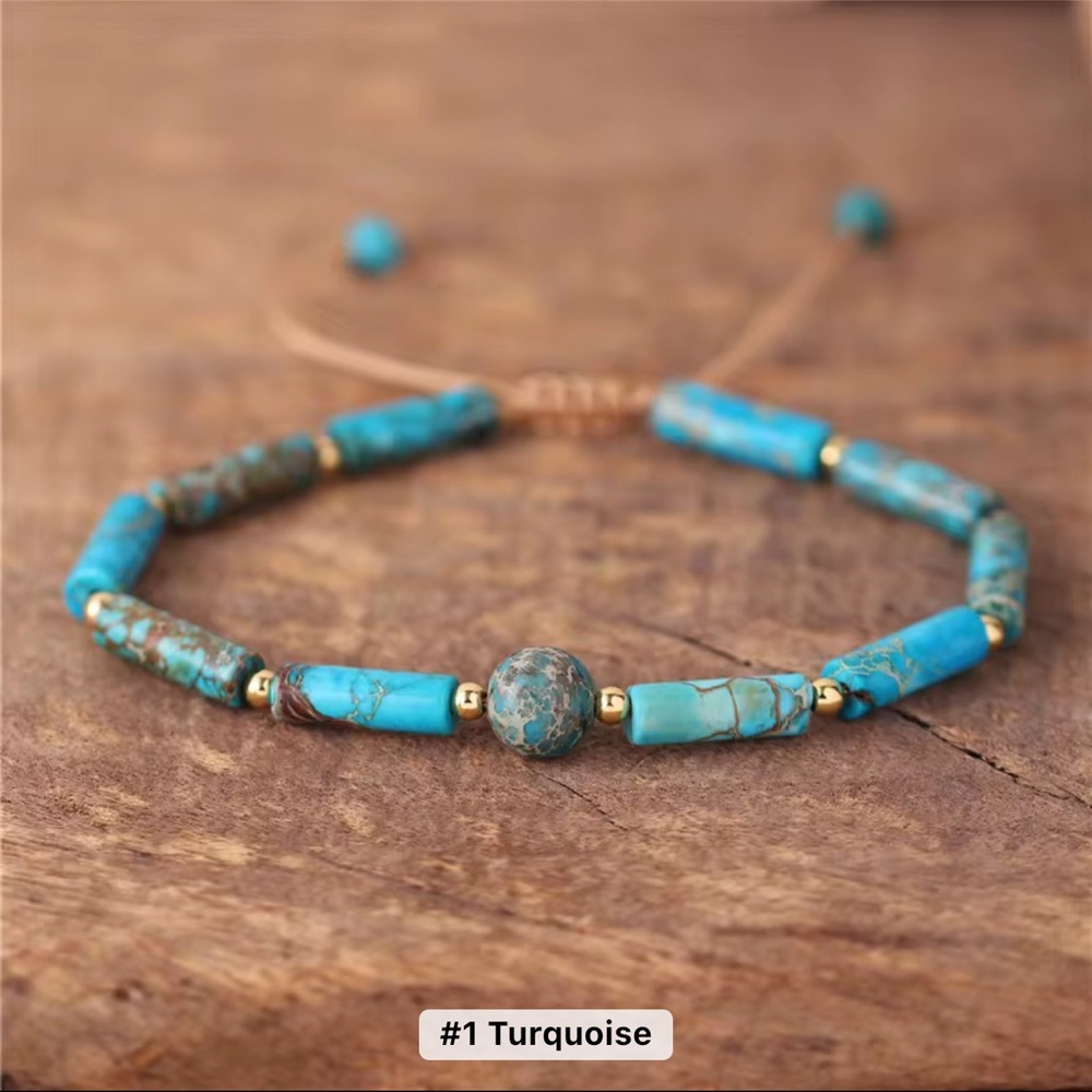 Turquoise Stone & Gold Tone Beaded Bracelet with Central Focal Bead, Adjustable